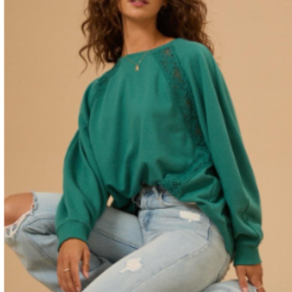 Altar'd State Teal Lace Accent Sweatshirt
